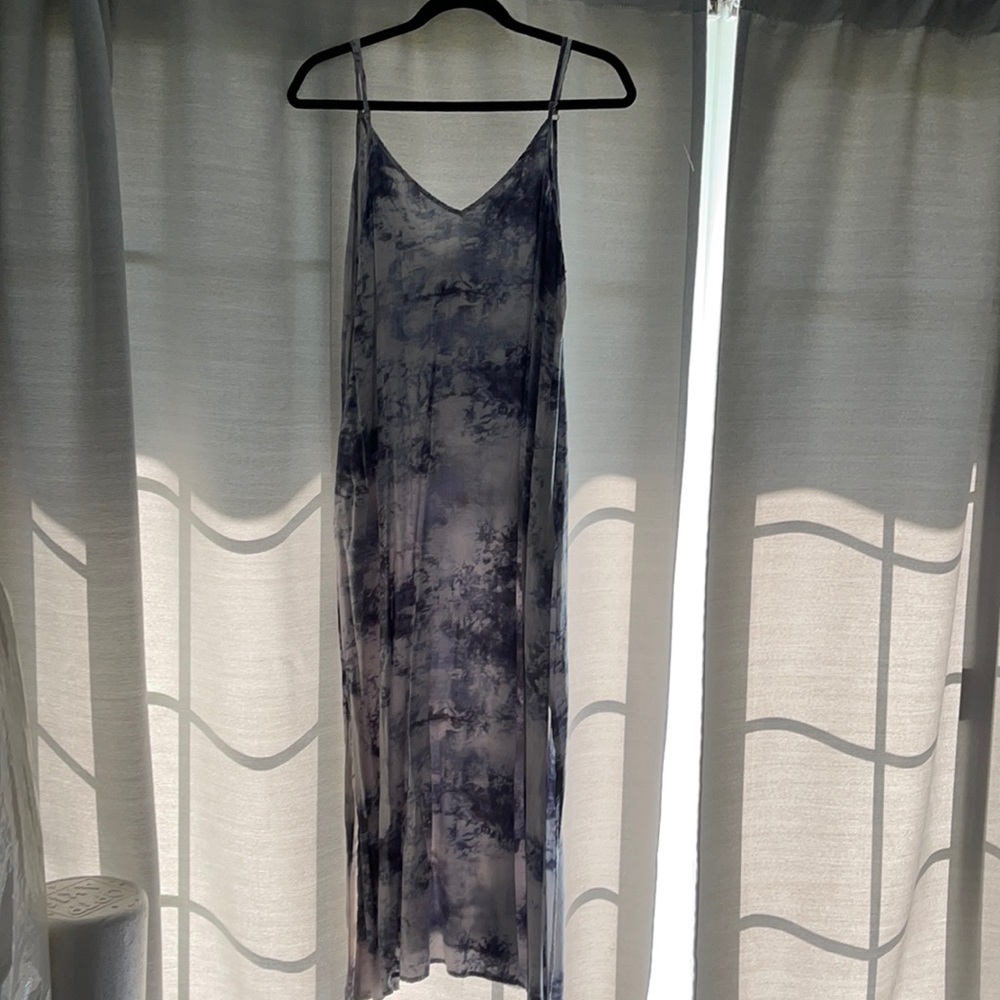 Blue tie dye long strap  dress with side slits